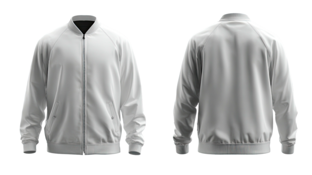 White bomber jacket, front and back view, isolated against black