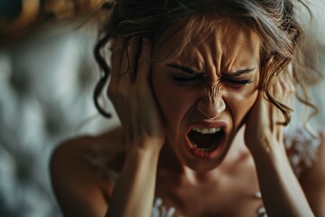 close-up frightened nervous bride is screaming in room. She is wearing a white wedding dress. Scene is intense and emotional