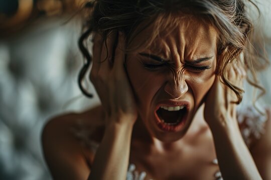 close-up frightened nervous bride is screaming in room. She is wearing a white wedding dress. Scene is intense and emotional - Powered by Adobe