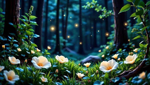 Enchanting Night Forest with Glowing Flowers and Fireflies - Powered by Adobe