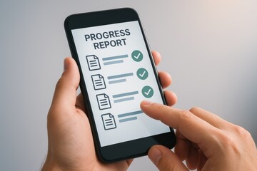 Person reviewing progress report on smartphone, illustrating task management and digital productivity tools in a modern workspace. Concept of efficiency and remote work.