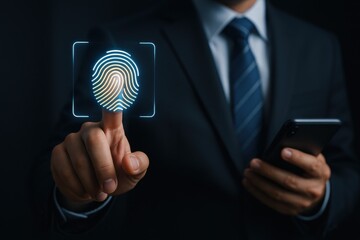 Businessman using biometric fingerprint recognition technology for secure access on smartphone. Concept of digital security, authentication, and modern technology in professional settings.