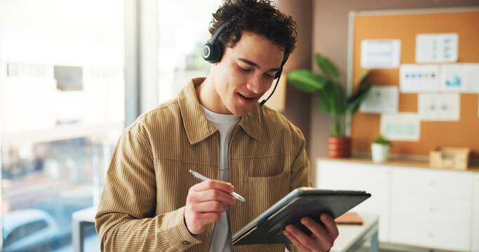 Tablet, headset and businessman in office with planning for creative review with contact us. Mic, stylus and media consultant with digital technology for research with communication, crm or support. - Powered by Adobe