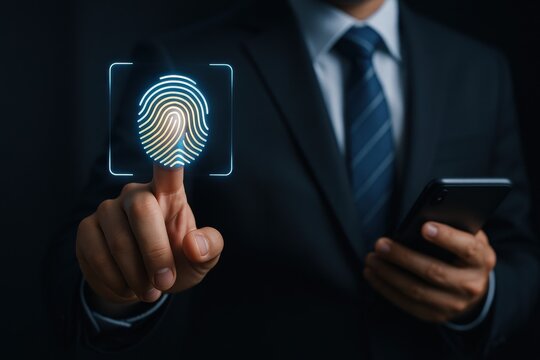 Businessman using biometric fingerprint recognition technology for secure access on smartphone. Concept of digital security, authentication, and modern technology in professional settings.