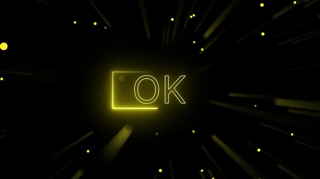 Yellow Neon " OK" Text with Exploding Light Streaks and Particles on a animated Black Background word. OK&rdquo; text surrounded by explosive particles and glowing streaks, producing a high-energy motion