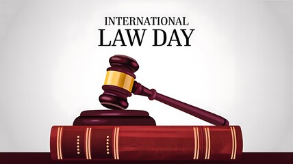 International law day concept with wooden gavel and stacked legal books on white background  
