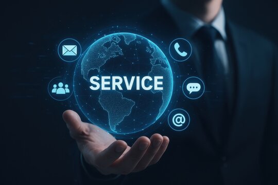 Business professional presenting virtual global communication and service concepts, highlighting connectivity, technology, and client support in a digital era.