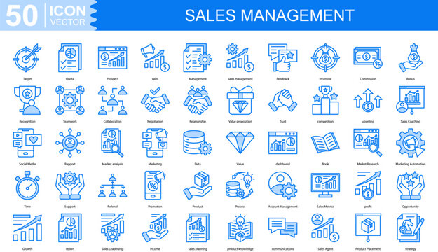 SALES MANAGEMENT icon collection set. Containing Target, Quota, Prospect, sales, Management icon
