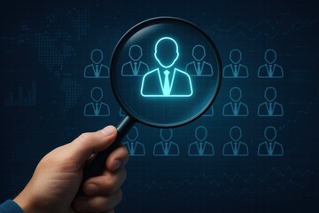 Fototapeta premium Hand holding a magnifying glass over a digital profile icon, symbolizing data analysis and targeted recruitment in human resources. Concept of technology, investigation, and professional insight.
