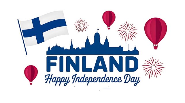 Finland independence day celebration illustration with flag fireworks and city skyline  
 - Powered by Adobe