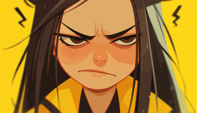 Ilustraci&oacute;n vectorial de una mujer enojada con expresi&oacute;n facial intensa y cejas fruncidas, fondo amarillo.