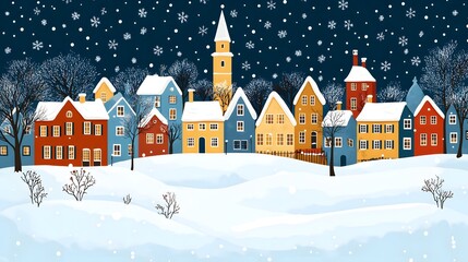Fototapeta premium Cozy winter village landscape with colorful houses during a snowy night