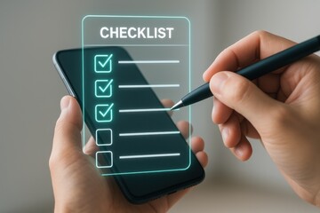Person completing a digital checklist on a smartphone, symbolizing organization, productivity, and modern task management solutions in personal and professional settings.