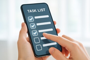 User interacting with a smartphone task list app, showcasing productivity and organization in a modern digital workspace. Concept of time management, efficiency, and technology.