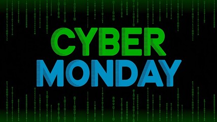 Cyber monday sale digital banner with green and blue binary code background  
