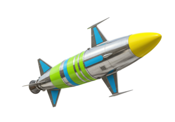 Isolated missile with a yellow nose cone and colorful fins, a space race era symbol