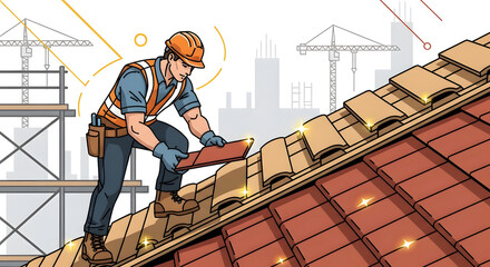 Skilled roofer meticulously installing new tiles on a sunlit rooftop, enhancing home protection and aesthetic appeal with precision