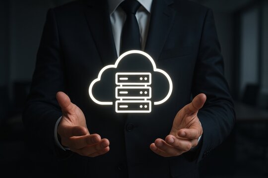 Business professional showcasing cloud computing technology with servers, emphasizing digital transformation and data management in a modern corporate environment. - Powered by Adobe