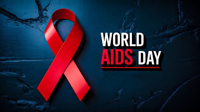 World aids day awareness with red ribbon symbol on dark textured background  
