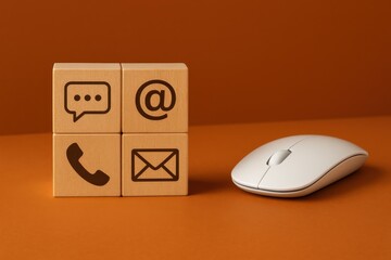 Communication icons on wooden blocks beside a white computer mouse, symbolizing diverse contact methods in business. Concept of connectivity, technology, and customer engagement.