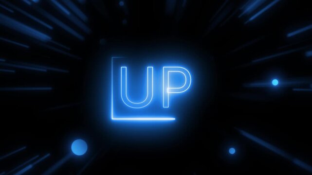 Bright Neon Blue Word UP Inside a Square Frame Against a Streaking Particle animated.UP&rdquo; word enclosed in a glowing square with flying particles and streaking motion, ideal for futuristic content.