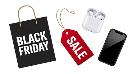 Black friday sale concept with shopping bag red tag smartphone and wireless earbuds isolated on white background  
