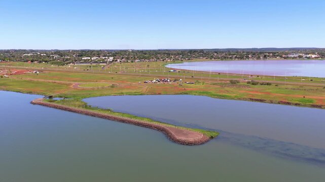 Upward drone fly at Miguel Lanus city ​​district with Acceso Sur transportation area, Posadas, Misiones, Argentina.