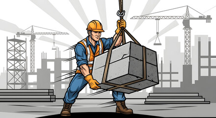 Strong construction worker skillfully maneuvers heavy concrete block with crane at bustling urban building site