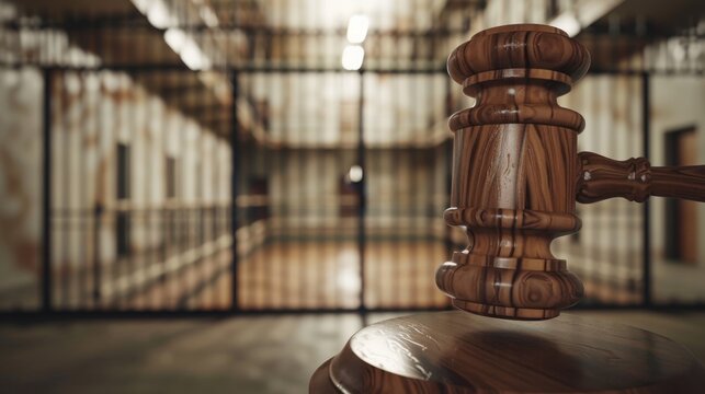Wooden judge gavel and sound block in front of empty prison cells with metal bars in courtroom setting. - Powered by Adobe