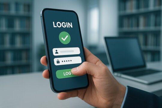 User logging into a secure application on a smartphone, illustrating modern authentication processes in digital technology and cybersecurity efforts. Concept of security, access, and modern work.