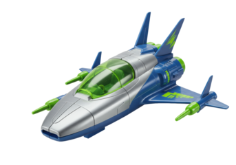 Isolated toy spaceship, blue and silver, science fiction model, space vehicle, toy airplane