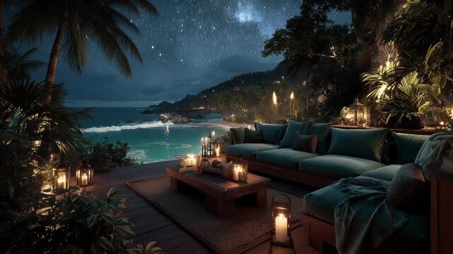 A luxurious beachfront terrace with cozy sofas, warm lanterns, and a breathtaking view of the sparkling ocean illuminated by soft lights and the glow of the milky way. Starlit tropical night