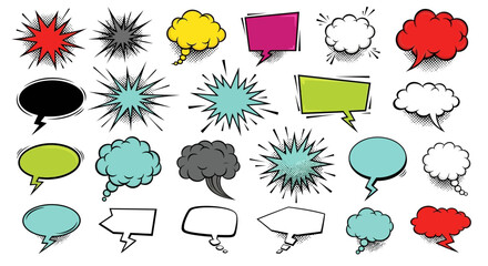 Diverse vector collection of pop art comic speech bubbles, thought balloons, and action explosion bursts for graphic design projects