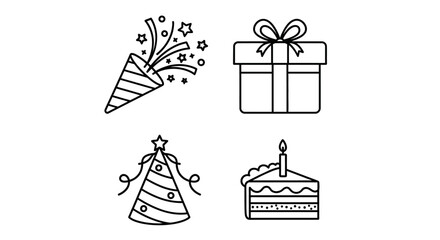 A collection of celebration and birthday party line icons. This set includes a party popper, gift box, festive hat, and a slice of cake