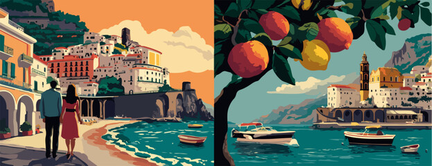 Pareja paseando por la costa italiana, con limoneros y barcos en el mar azul.