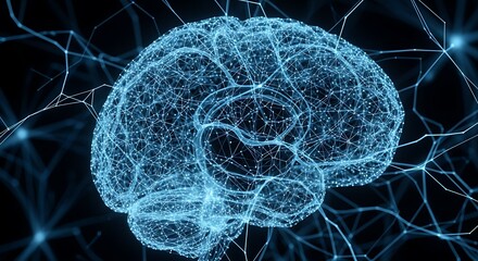 Dynamic neural network visualization representing complex thought processes and scientific discovery in glowing blue digital abstract art