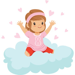 Happy Young Girl With Arms Raised Sitting on a Cloud Surrounded by Pink Hearts Wearing a Pink Shirt and Red Pants