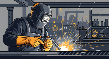 Skilled welder creating sparks with professional equipment in a detailed industrial workshop setting, highlighting manufacturing craftsmanship and dedicated labor.