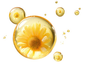Chamomile flowers float in clear liquid bubbles, against a black backdrop