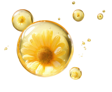 Chamomile flowers float in clear liquid bubbles, against a black backdrop