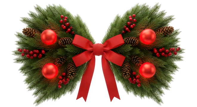 Festive Christmas garland with red bow, ornaments, pinecones, and berries