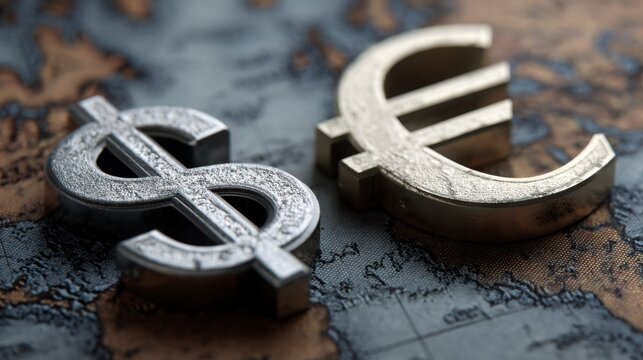 Forex concept: Dollar and Euro symbols over world map