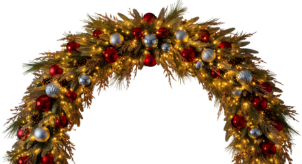 Festive Christmas garland with red ornaments and twinkling lights
