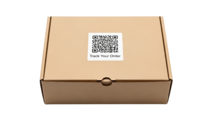 Cardboard box with QR code label "Track Your Order" isolated on white background