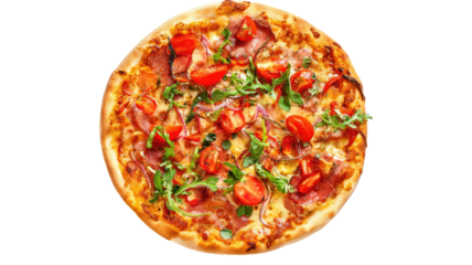 Overhead view Round pizza with tomatoes, ham, and herbs