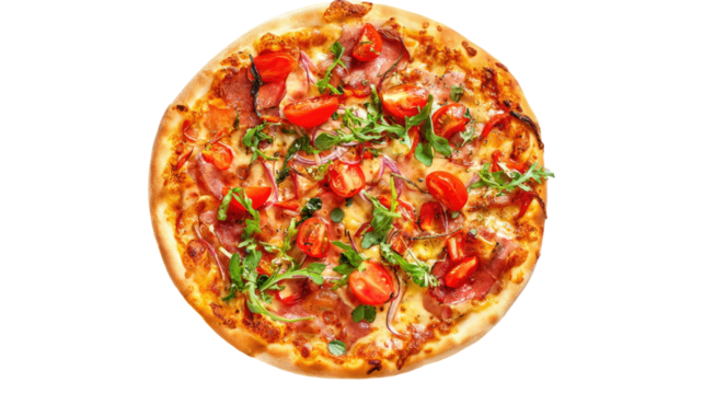 Overhead view Round pizza with tomatoes, ham, and herbs