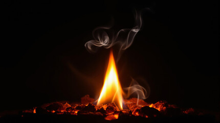 Bright flame flickers in darkness, creating dancing shadows and warm glow