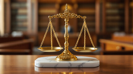 Symbol of justice displayed on a wooden table inside a law library during the day