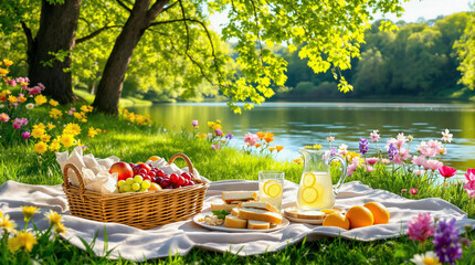 Enjoying a sunny picnic by the serene lake with fresh fruits and lemonade in a colorful garden setting