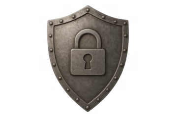 Shield with padlock representing data security, cyber protection, safe information storage, and digital privacy on transparent background